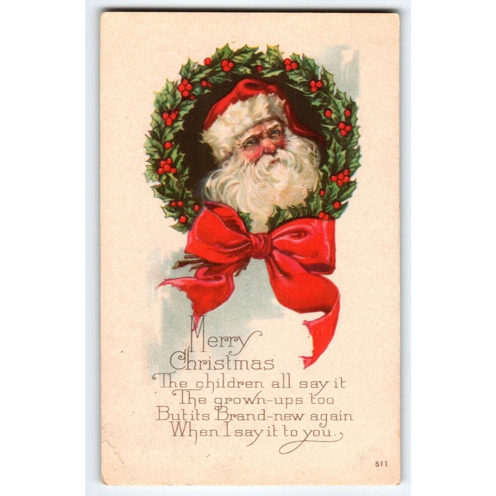 Santa Claus Christmas Postcard Saint Nick Inside Wreath Vintage Series 511